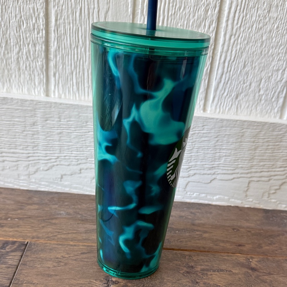 Starbucks Blue Green Teal tortoise tie dye watercolor 24 oz Tumbler with Straw - Picture 3 of 11
